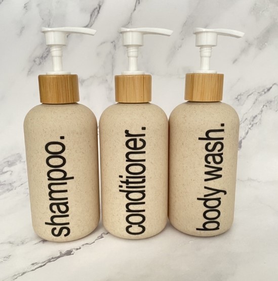 HLM Wheat Pump Bottle + Label With Bamboo Lid And Spray Bottle