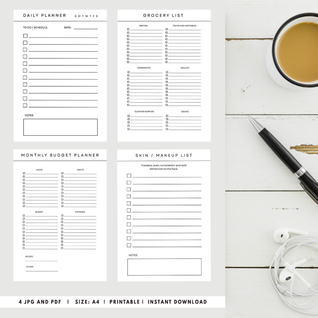 Minimalist To Do List, Daily Planner, Grocery, Skin / Makeup List, Monthly Budget Planner A4