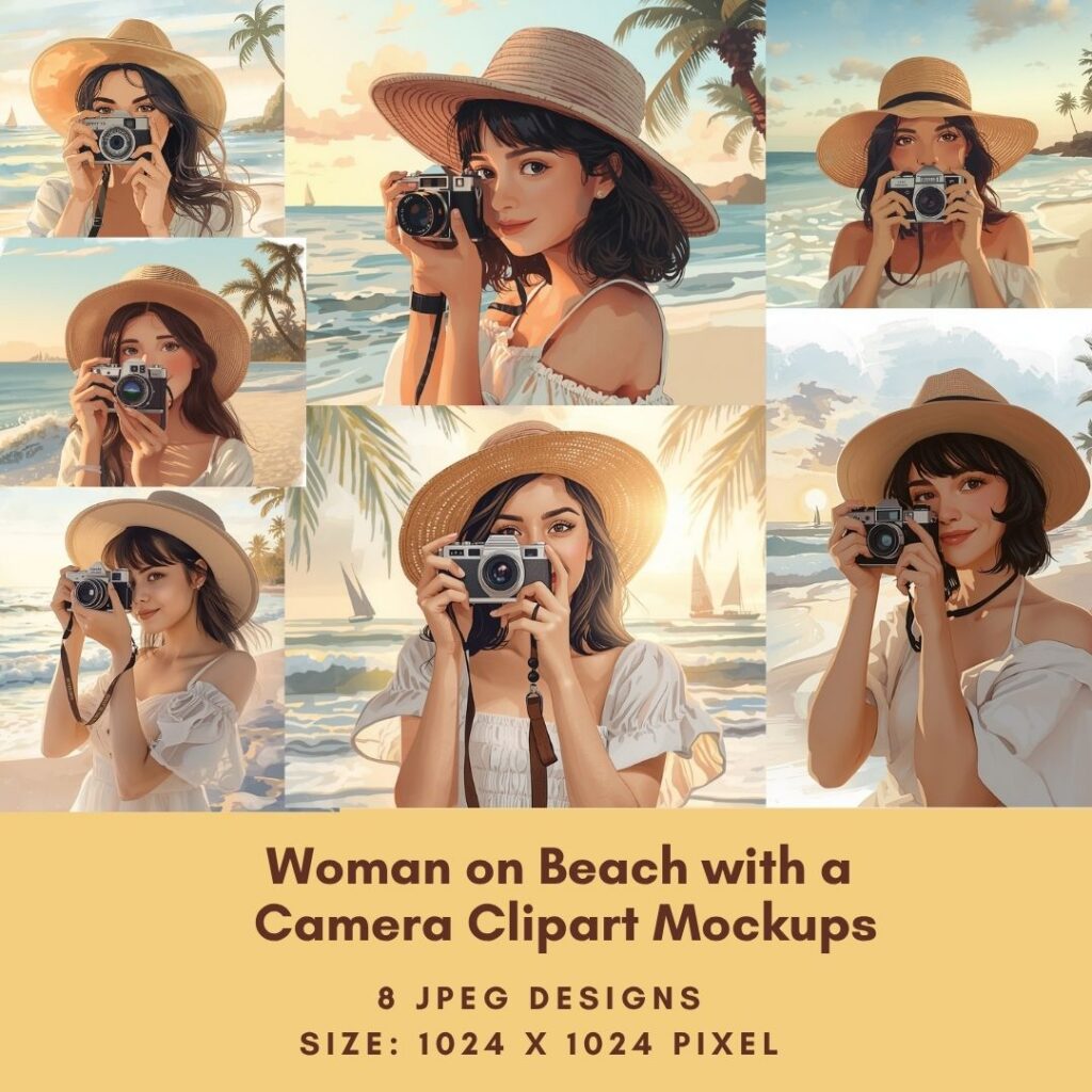 Woman on Beach with a Camera Clipart Mockups