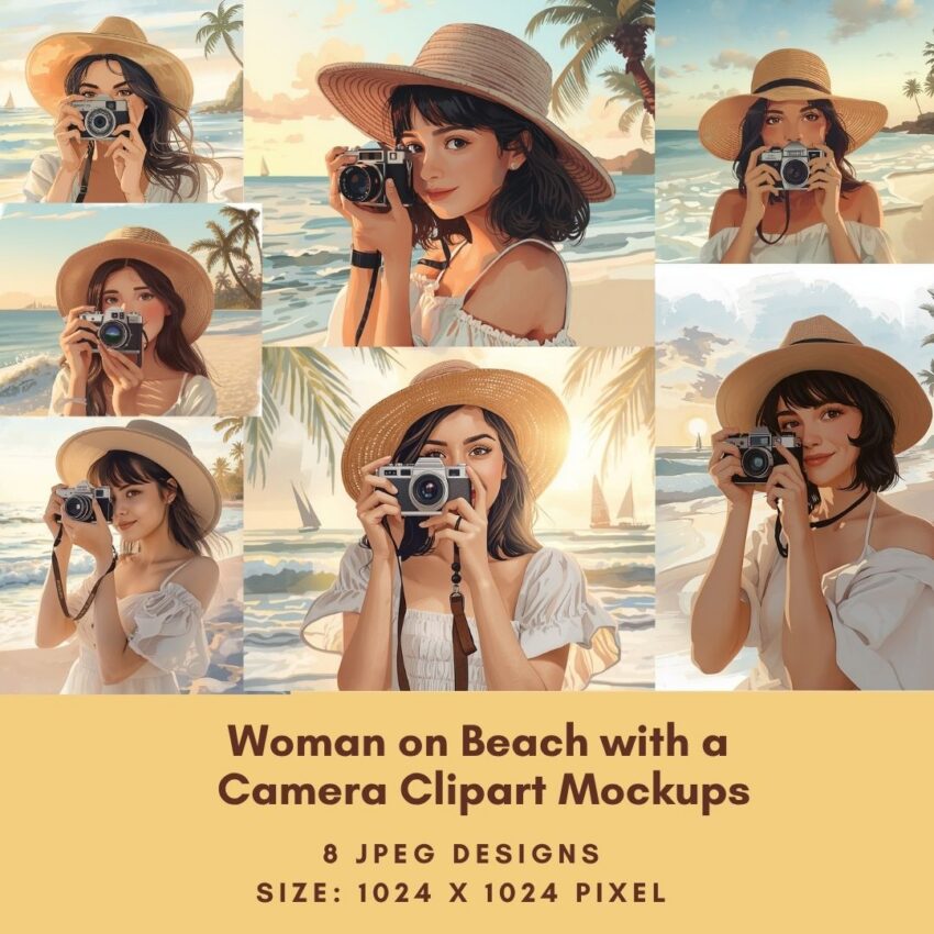 Woman on Beach with a Camera Clipart Mockups